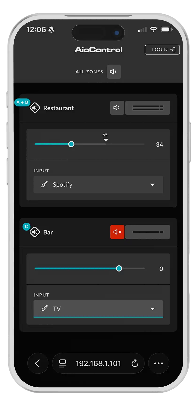 Interface AioControl sur iPhone — pilotage multi-zones
