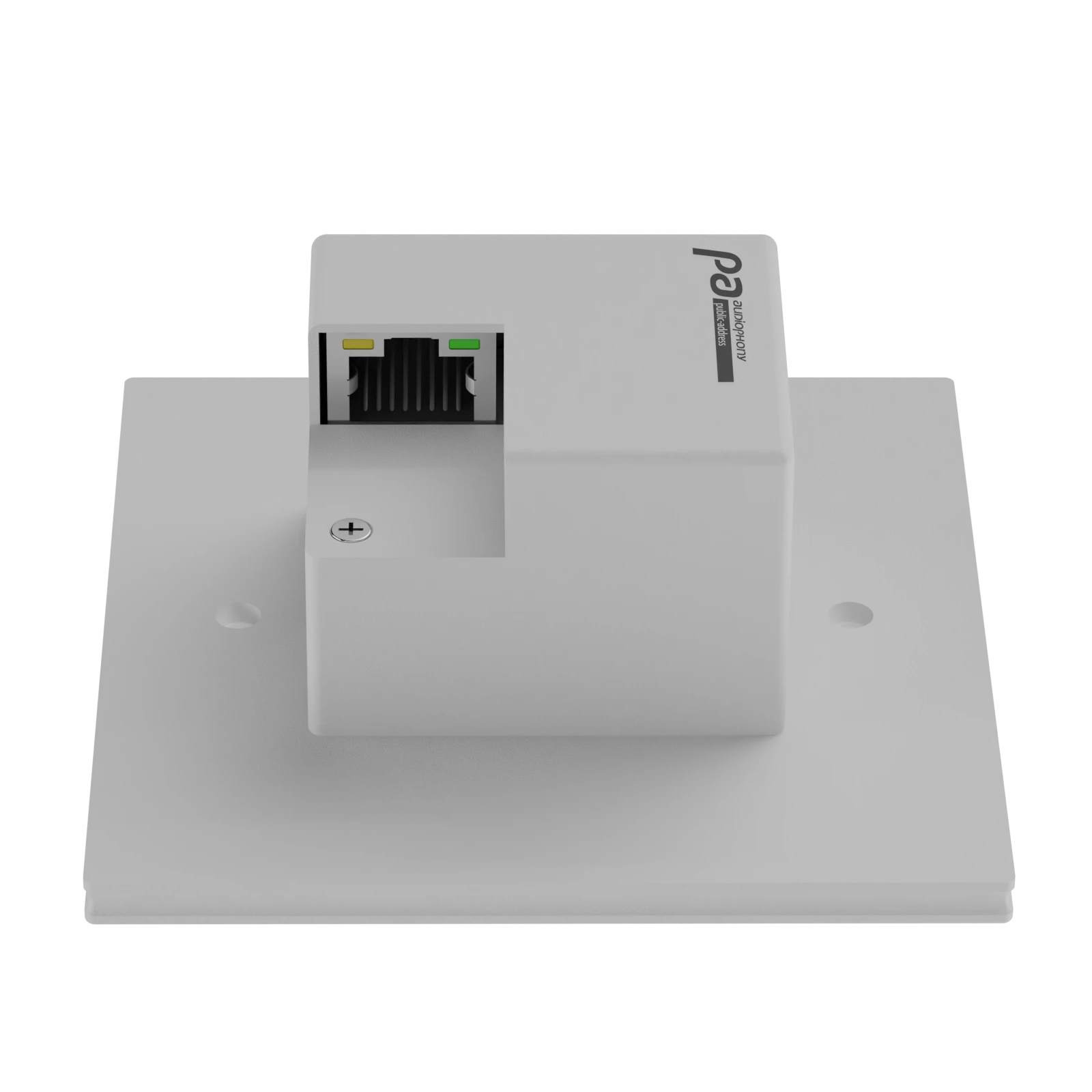 Face arrière de l’AmiD2 blanche&nbsp;: le module encastré et son unique port RJ45, qui apporte à la fois le réseau Dante et l’alimentation PoE