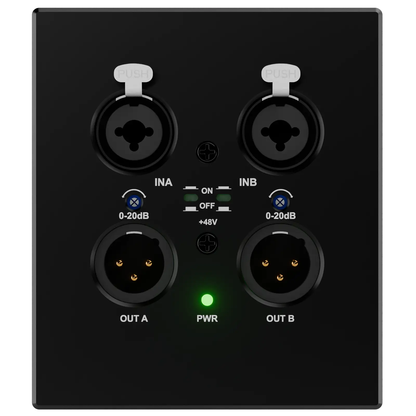 Interface murale AmiD4 noire&nbsp;: deux entrées combo XLR INA/INB avec gain réglable et 48 V, deux sorties XLR OUT A/OUT B