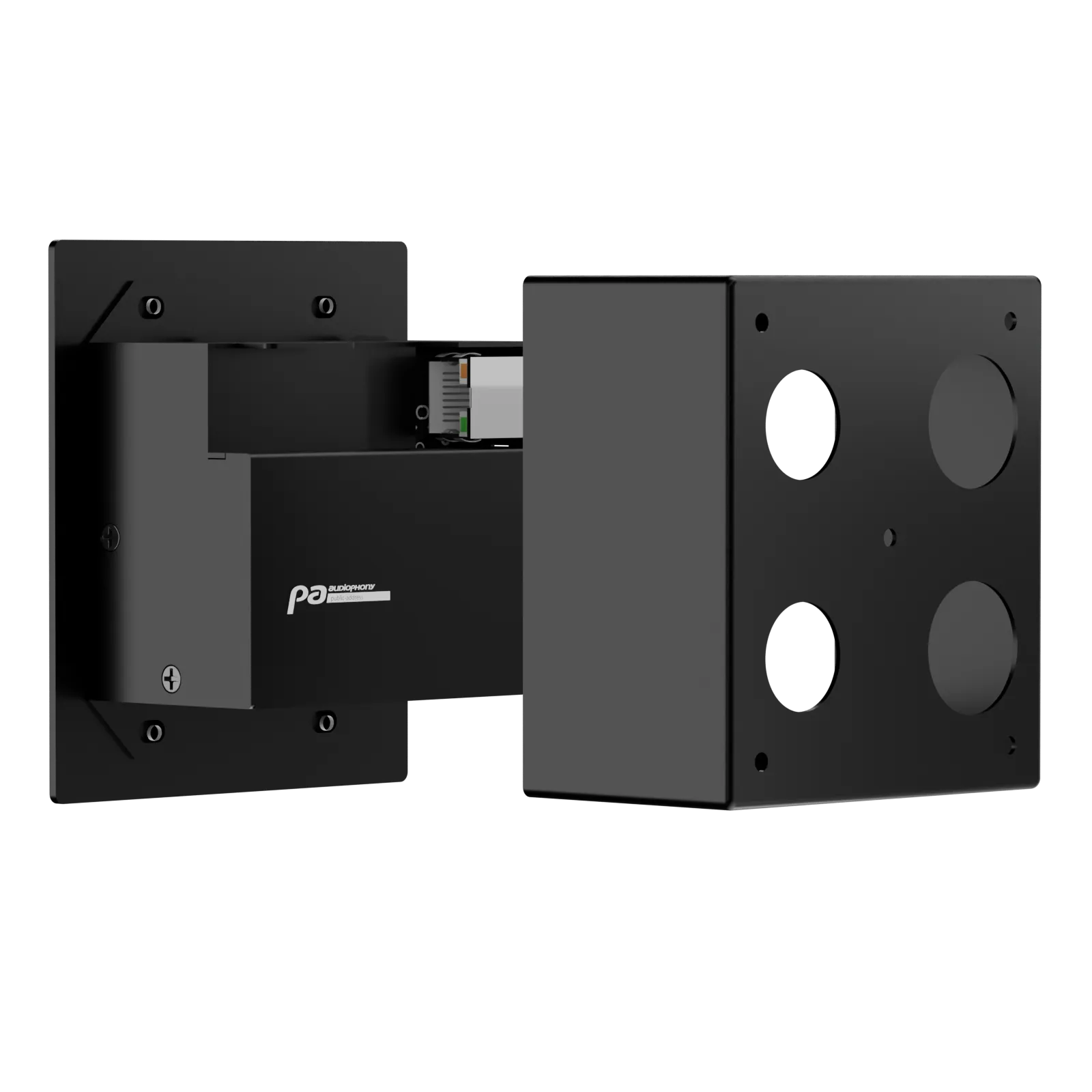 Face arrière de l’AmiD4&nbsp;: le module encastré derrière la plaque, avec son unique port RJ45 qui apporte le Dante et l’alimentation PoE&nbsp;; à côté, le boîtier d’encastrement et ses passages de câble prédécoupés