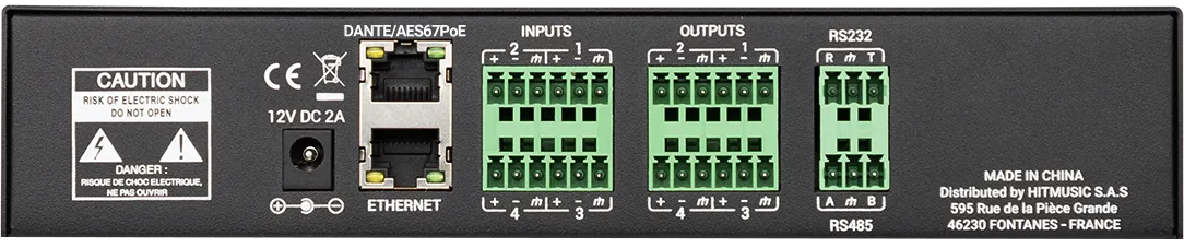 Face arrière de l’Ami04D : alimentation DC 12 V ou port Dante/AES67 PoE, Ethernet, RS232 et RS485, 4 entrées et 4 sorties symétriques Euroblock