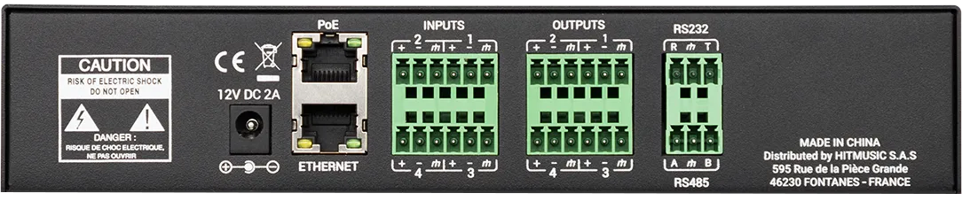 Face arrière de l’Ami04 : alimentation DC 12 V ou PoE, Ethernet, RS232 et RS485, 4 entrées et 4 sorties symétriques Euroblock