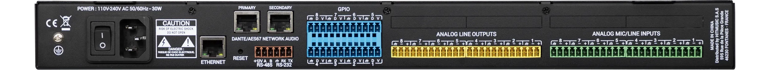 Face arrière de l’Ami08D : secteur, deux ports réseau Dante primaire et secondaire, Ethernet, RS485 et RS232, 8 GPIO, 8 sorties ligne et 8 entrées micro/ligne