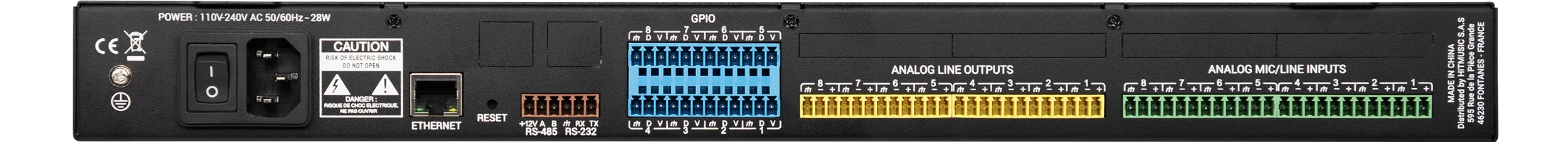 Face arrière de l’Ami08 : secteur, Ethernet, RS485 et RS232, 8 GPIO, 8 sorties ligne et 8 entrées micro/ligne