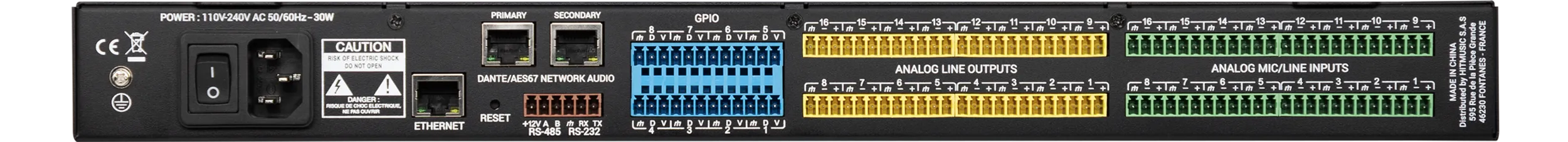 Face arrière de l’Ami16D : secteur, deux ports réseau Dante primaire et secondaire, Ethernet, RS485 et RS232, 8 GPIO, 16 sorties ligne et 16 entrées micro/ligne