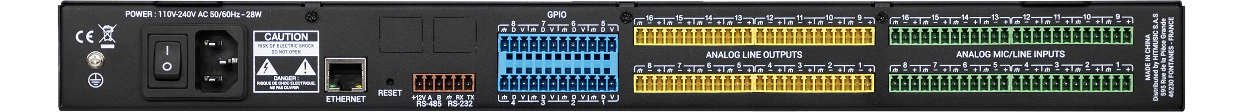 Face arrière de l’Ami16 : secteur, Ethernet, RS485 et RS232, 8 GPIO, 16 sorties ligne et 16 entrées micro/ligne