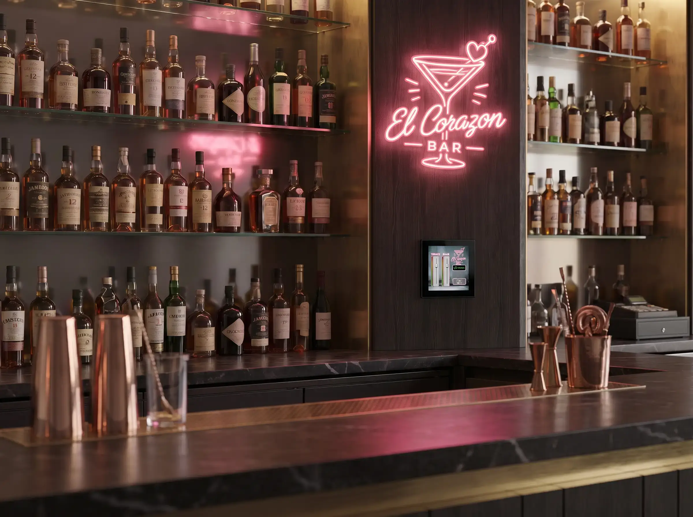Le bar El Corazon&nbsp;: le Nexus4 encastré au mur, l’interface AmiControl allumée à côté du néon « El Corazon Bar », derrière le comptoir et ses bouteilles