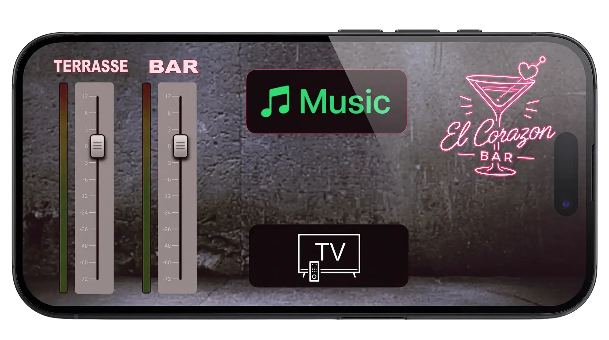L’application AmiControl sur iPhone 15 Pro, en paysage&nbsp;: faders Terrasse et Bar, boutons Music et TV, aux couleurs du bar El Corazon