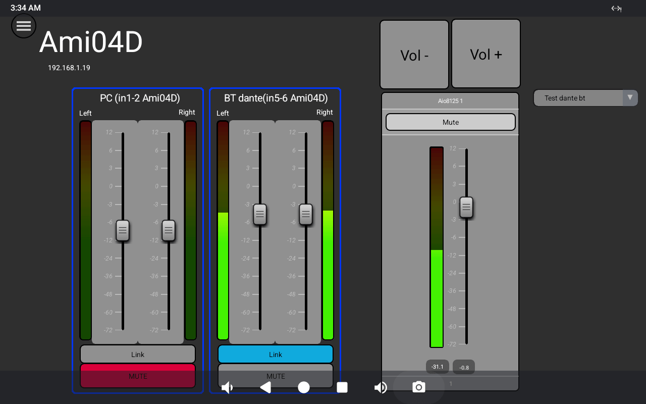 AmiControl sur tablette Android&nbsp;: le panneau utilisateur d’une Ami04D, faders PC et BT Dante, volume général et sélection de preset