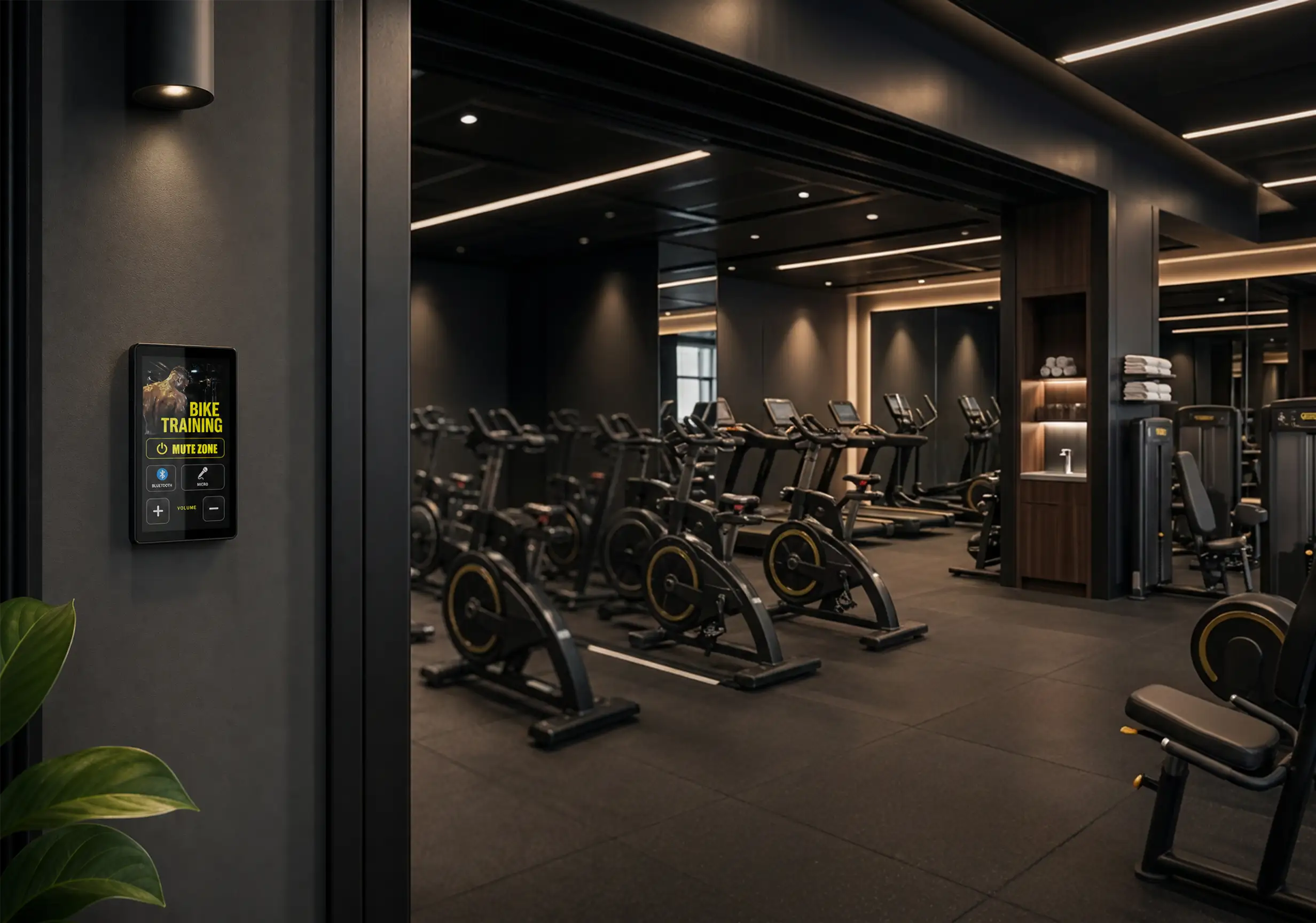 La Nexus5 fixée au mur à l’entrée du Bike Training, éclairée par un spot&nbsp;; derrière l’embrasure, les vélos de biking et les tapis alignés dans la pénombre de la salle