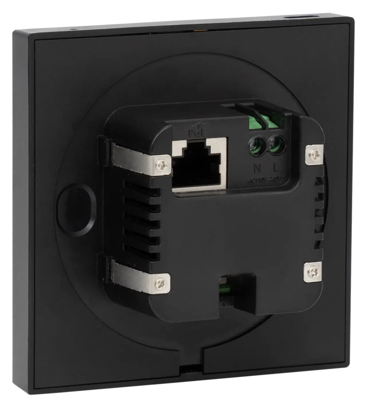 Face arrière du Nexus4&nbsp;: port RJ45 PoE, bornier secteur 110-240 V et griffes de fixation