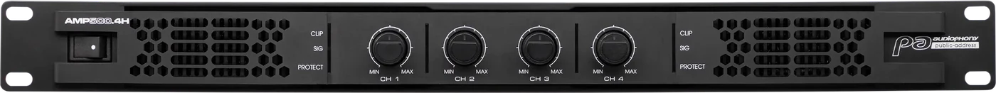 Amplificateur AMP500.4H, face avant 1U