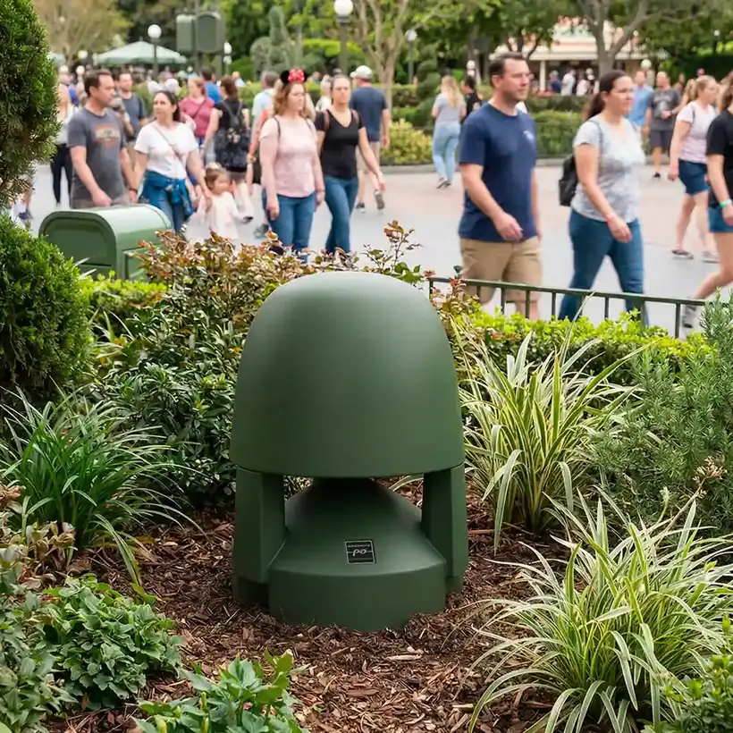 Enceinte d'extérieur PARK100 installée dans un massif, dans un parc